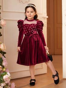 SHEIN 少女緊身天鵝絨裙,配有羊肉袖和豐富的珠子點綴 - 酒紅色 - 查看 1