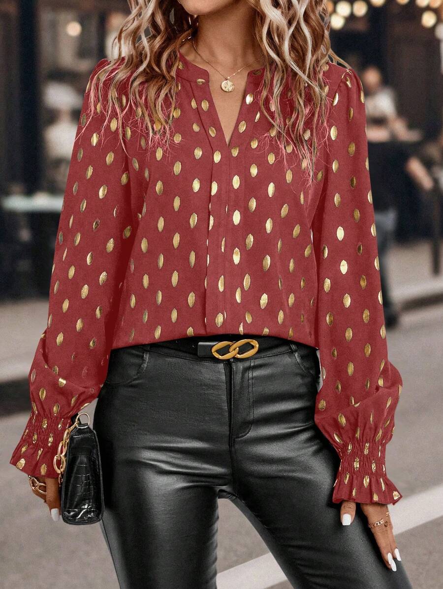 SHEIN LUNE Vàng Lấm tấm Cổ áo có khía Tay áo Đèn lồng Áo sơ mi quấn - Gỗ đỏ - Xem 1