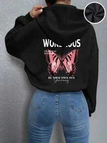 SHEIN PETITE Butterfly & Slogan Graphic Drop Shoulder Hoodie - Black - View 1