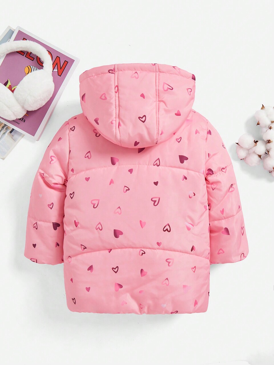 Young Girl Colorful Heart Patterned Hooded Coat With Bow, Fall / Winter