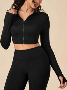 Color Block Zipper Front Tight Fit Short Sports Jacket - Black - View 1