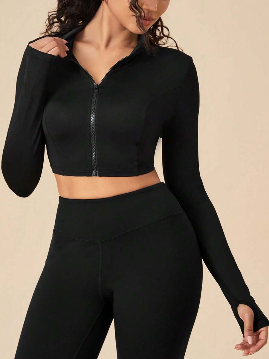 Color Block Zipper Front Tight Fit Short Sports Jacket - Black - View 1