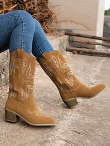 Styleloop 女款西部風格刺繡釦式靴,厚跟適用於戶外活動,咖啡色 - 棕色 - 查看 5