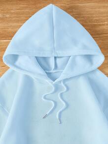 INAWLY 袋鼠口袋抽绳保暖内衬连帽衫，长袖上衣 - 藍色 - 查看 3