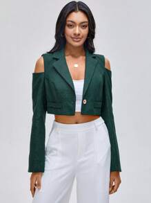 CAYCEE BLACK 设计师商务休闲露肩单扣短款西装外套，适合假日、度假、外出、春季、节日、伊比萨岛风、办公室 - 墨綠色 - 查看 1