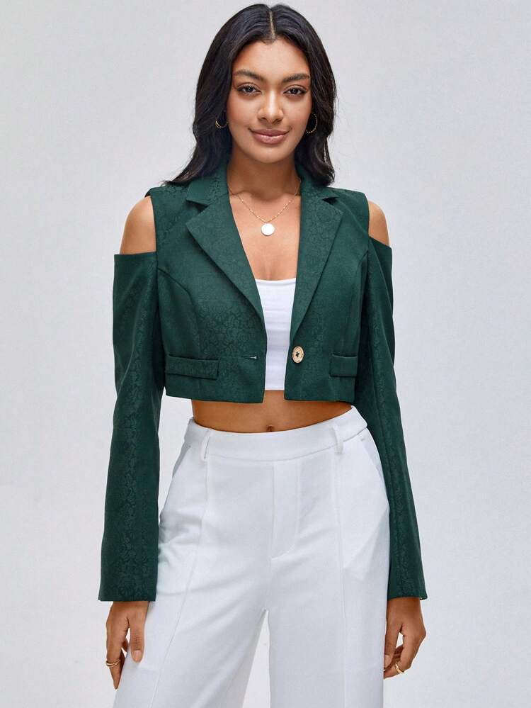 Designer Business Casual Cold Shoulder Single Button Crop Blazer, For Holiday, Vacation, Going Out, Spring, Festival, Ibiza Fits, Office