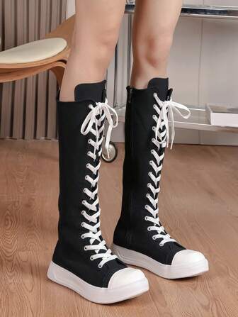 Women's Plus Size Breathable Casual Canvas Sneakers, Fashionable Over-The-Knee Side Zipper Boots For Daily Wear, All-Season