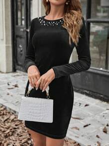 SHEIN Clasi 1pc Pearl Decor Bodycon Dress - Black - View 4
