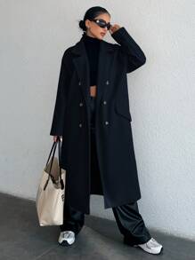 EURMUSE Women's Double Breasted Long Woolen Coat - Navy Blue - View 5