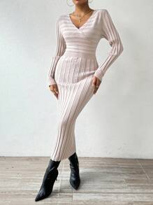 Chiquease Cổ chữ V Ôm sát hông Đầm Áo len - Màu be - Xem 1