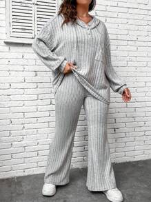 SHEIN LUNE Plus Drop Shoulder Drawstring Hoodie & Pants - Light Grey - View 2