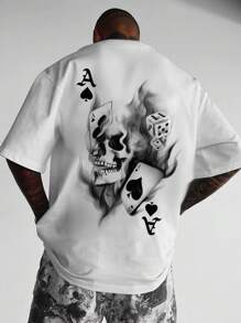 Manfinity ZONE917 Loose Fit Men Skull & Playing Cards Printed Short Sleeve T-Shirt, Boyfriend Gift, For Work - White - View 2