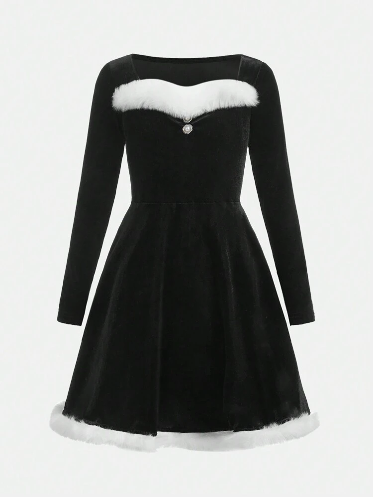 Tween Girls' Casual Velvet Sweetheart Collar Long Sleeve Dress