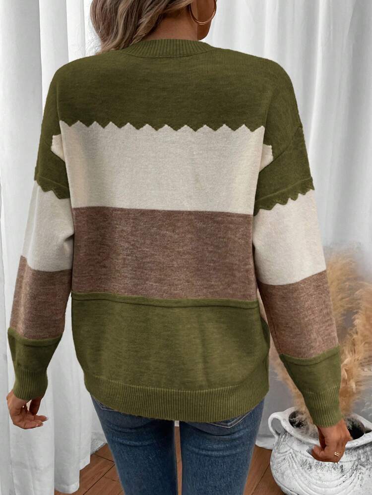 Color Block Drop Shoulder Sweater,Long Sleeve Tops In Fall/Winter