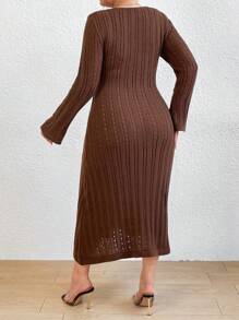 Flirla Sweater Kleid In Vintage-stil Für Damen In Übergröße Mit U-ausschnitt Und Ausgestellten Ärmeln - Kaffeebraun - Übersicht 2