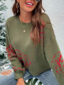 SHEIN LUNE 女用休閒花卉圖案毛衣 - 軍綠色 - 查看 4