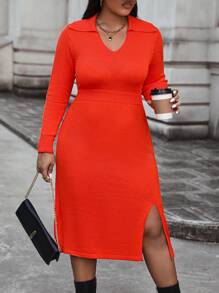 Calvaya Plus Size Women'S Collared Open-Side Split Sweater Dress Fall Cloth For Women - Red - View 3