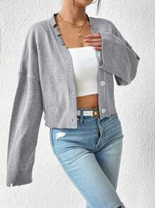 SHEIN LUNE Gray Distressed Edge Knit Cardigan - Grey - View 4