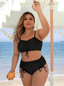 SHEIN Swim Curve 大码女式褶饰吊带比基尼套装夏季海滩 - 黑色 - 查看 6