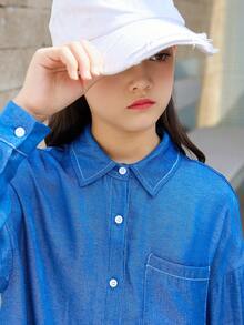 SHEIN 青少年女孩宽松学院风衬衫和裤子套装 - 藍色 - 查看 5