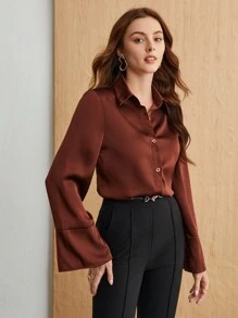 BizChic 前开衩袖口纽扣衬衫 - 棕色 - 查看 1