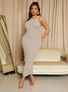 SHEIN SXY Women's Plus Size Ribbed Knit Cardigan And Sleeveless Dress Set - Apricot - View 3