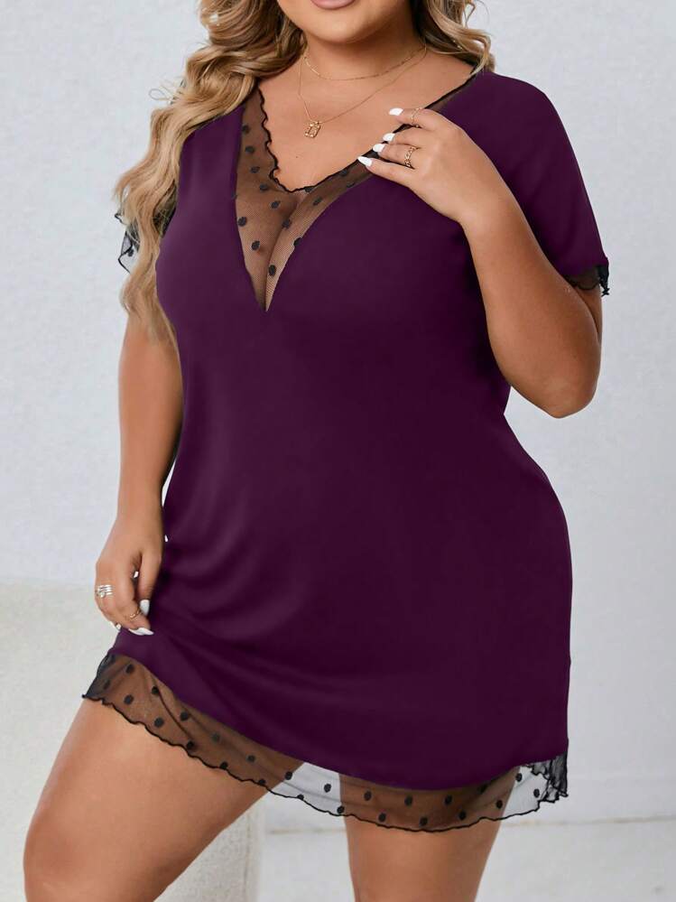 SHEIN Váy ngủ ren chấm bi gợi cảm cỡ lớn - Màu tím - Xem 4