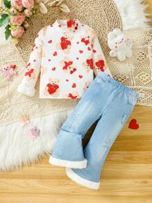 Áo thun cổ cao in hình gấu cho bé gái kèm quần ống loe denim có viền tua rua, 2 chiếc/bộ - trắng - Xem 1