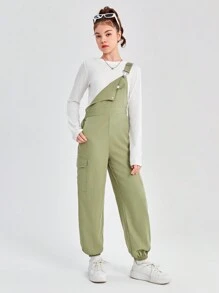 SHEIN 青少年時尚編織網紋純色口袋連身褲,可調節束口和肩帶 - 綠色 - 查看 6