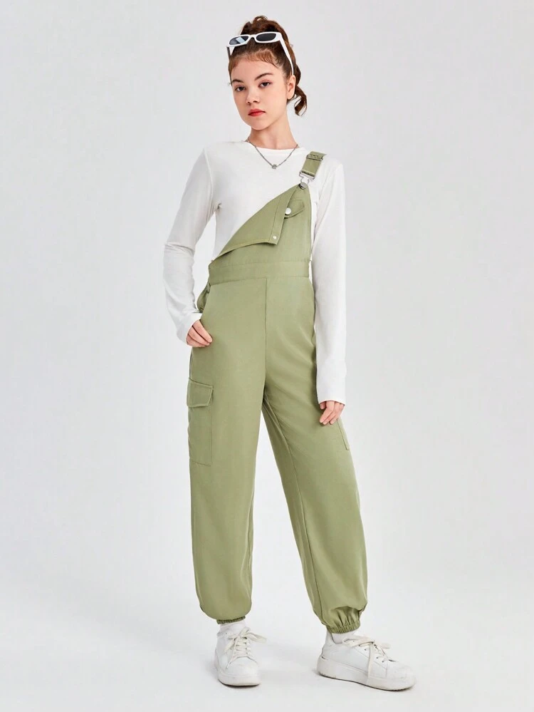 Teenagers' Casual Woven Net Solid Color Pocket Jumpsuit With Adjustable Drawstring Hem And Shoulder Straps