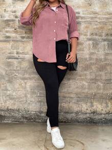 SHEIN LUNE 大尺碼單排釦休閒基礎襯衫 - 藕粉色 - 查看 5