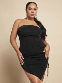 SHEIN BAE 黑色夜店派對閃爍無肩帶緊身連衣裙,帶有側開衩和束口,性感 - 黑色 - 查看 5