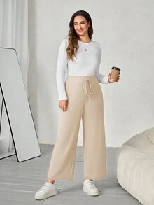 SHEIN LUNE Women's Plus Size Wide Leg Pants With Knot Waistband - Apricot - View 5
