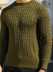 Manfinity Mode Men Solid Cable Knit Sweater Round Neck Long Sleeve Plain Green Vacation Fashion Sweater, Fall/Winter