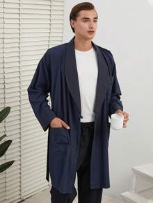 RueChic Men's Shawl Collar Tie Belted Bathrobe - Navy Blue - View 3