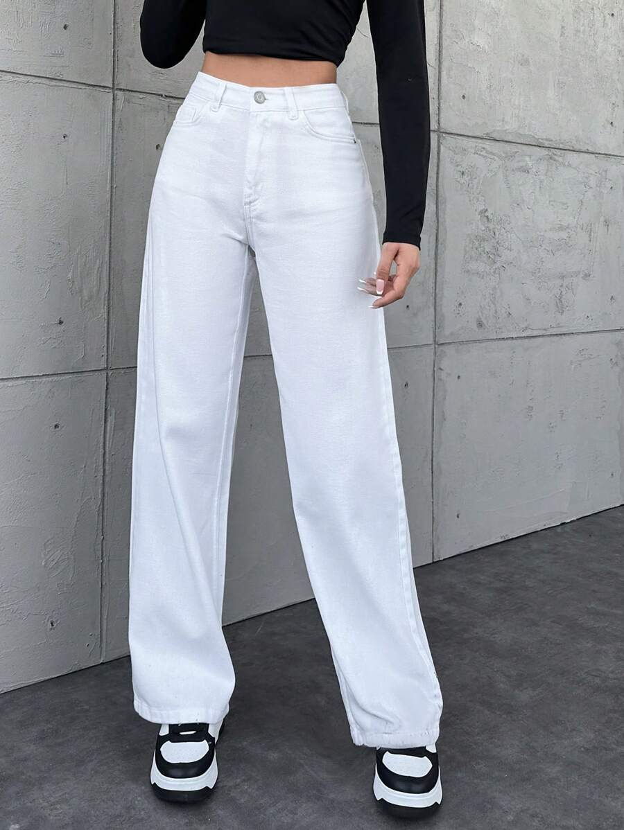 Cottnline Jeans De Pierna Recta De Talle Medi Para Mujer