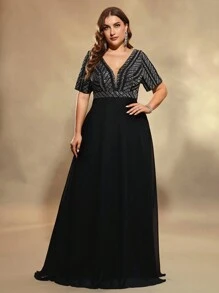 UNITHORSE Plus Size Women V-Neck Sequins Chiffon Patchwork Dress Party Dress Wedding Guest Dress Formal Dress Evening Dress,Gown - Black - View 7