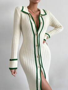 SHEIN Clasi Striped Trim Button Front Sweater Dress Fall Winter Cloth For Women - Multicolor - View 8