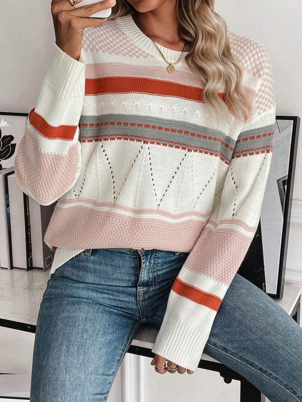 Striped Pattern Oversized Sweater With Dropped Shoulders Knit Pullover Fall Winter Sweater