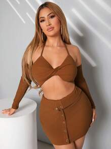 SHEIN SXY Gợi cảm Trang phục câu lạc bộ Xoắn Dây đeo thắt nút Halter Neck Giải trí Dệt kim Của phụ nữ Bộ - màu nâu - Xem 6