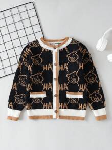 SHEIN Cárdigan Color Block Con Estampado De Letras Y Estampado De Oso Para Niño Pequeño Con Ribete De Canalé