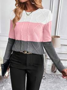 Chiquease Color Block Cable Knitted Sweater,Long Sleeve Tops Fall Winter - Multicolor - View 7