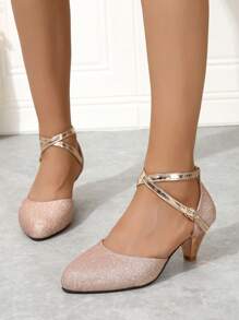 Fall/Winter Women's Champagne Heeled Shoes - Glitter Prom, Cross Ankle Strap, Elegant, Latin Dance Shoes,Elegant,Party - Champagne - View 3