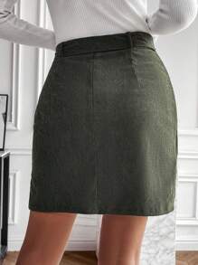 SHEIN Clasi Wrapover Pleated Belted Skirt - Army Green - View 2