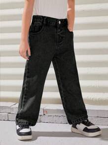 Young Girl Slant Pocket Straight Leg Jeans - Black - View 3