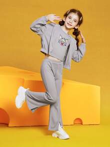 TOM & JERRY X SHEIN Tween Girls' Cartoon Pattern Hoodie & Vest & Pants Set - Grey - View 6