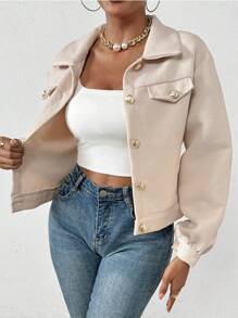 SHEIN Privé Chất rắn Thả vai Đập nhẹ Vòng cổ Áo khoác - Màu be - Xem 3