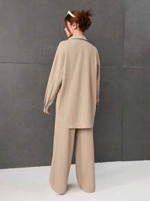 SHEIN Leap Crew Cô gái Dệt Màu thuần Bong bóng Nếp gấp Áo sơ mi , Áo vest Và Quần Bộ - Màu be - Xem 2