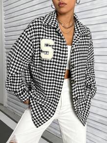 Lunelith SHEIN Lunessa Abrigo De Lana De Manga Larga A Cuadros Houndstooth Para Mujer