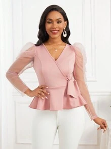 SHEIN Lady Women's Leg-of-mutton Sleeve Blouse With Ruffle Hem & Knot Detail - Pink - View 1